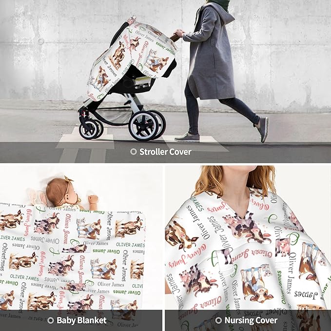 Custom Baby Car Seat Canopy Personalized Car Seat Covers with Name for Baby Boys Girls Customized Cow Nursing Breastfeeding Cover Infant Carseat Canopies Newborn Minky Baby Blanket