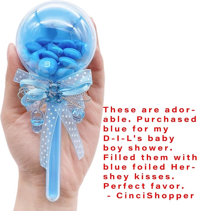 48 Pieces Fillable Baby Rattle Party Favors, Blue with Decorative Bear & Ribbon