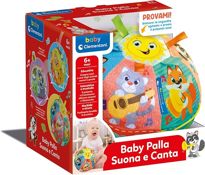 Clementoni Baby Baby Ball Sounds and Sings, Electronic Game for Children 6+ Months, with Sounds and Soft Melodies, Soft Fabric, Stimulates Manuality, Touch and Motor Skills, Italian Language,