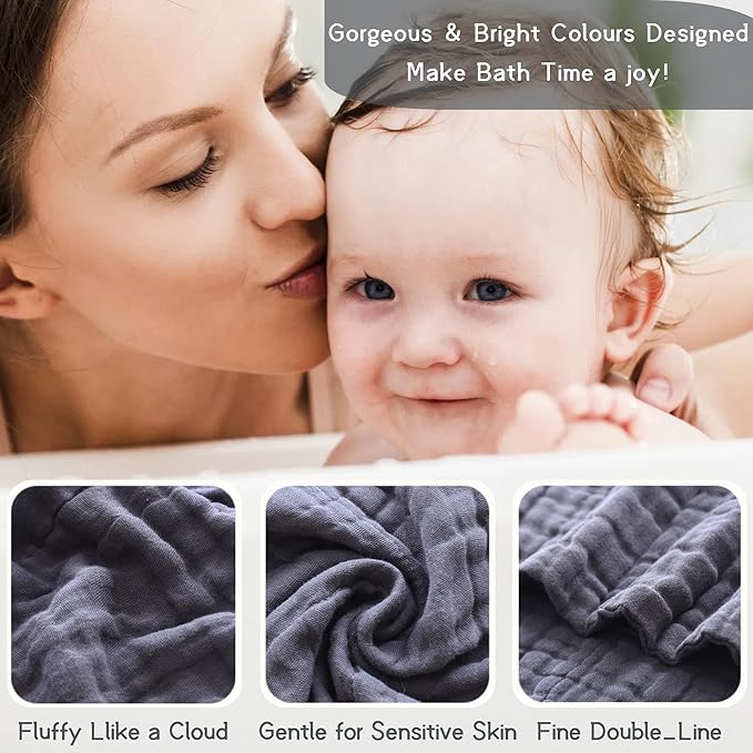 MUKIN Small Baby Washcloths, Soft Face Cloths, Newborn Absorbent Bath Wipes, Burp Cloths or Muslin Cotton Towels, Pack of 6, 12x12 inches (White,Dark Gray,Royal Blue)
