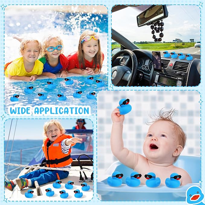 Hiboom 300 Pack Mini Rubber Ducks Set Bath Toys in Bulk with Sunglasses Float Squeak Tiny Baby Shower Rubber Duck Bathtub Pool Toy for Kids Party Birthday Supplies Prize Rewards(Blue)