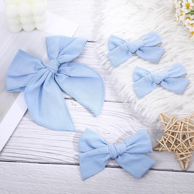 4 Pcs Blue Hair Bow, Cotton Linen Hair Bows, Girls Bows for Hair, Toddler Hair Accessories, Alligator Clips Knot Hair Bows for Girls, Light Blue Bow, 3 Styles & 3 Sizes