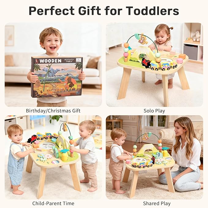 WINGYZ Activity Table for 1 Year Old Toddler, 9-in-1 Morandi-Colored Wooden Montessori Toys, Baby Play Table with Bead Maze Shape Sorter Train Toy, Educational Gifts for 12 Months+ Kids Boys Girls