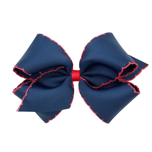 Wee Ones Girls' Classic Grosgrain Moonstitch Edge Hair Bow, No-Slip Hair Clip, Handmade, Navy with Red, King