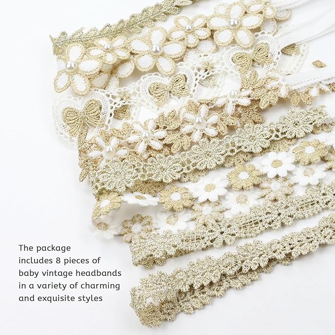 Cinaci 8 Pack Gold Delicate Flower Butterfly Leaf Stretchy Lace Headbands Baby Baptism Shower Christening Photo Props Hair Accessories for Baby Girls Infants Toddlers Kids (Gold-8 Pack)
