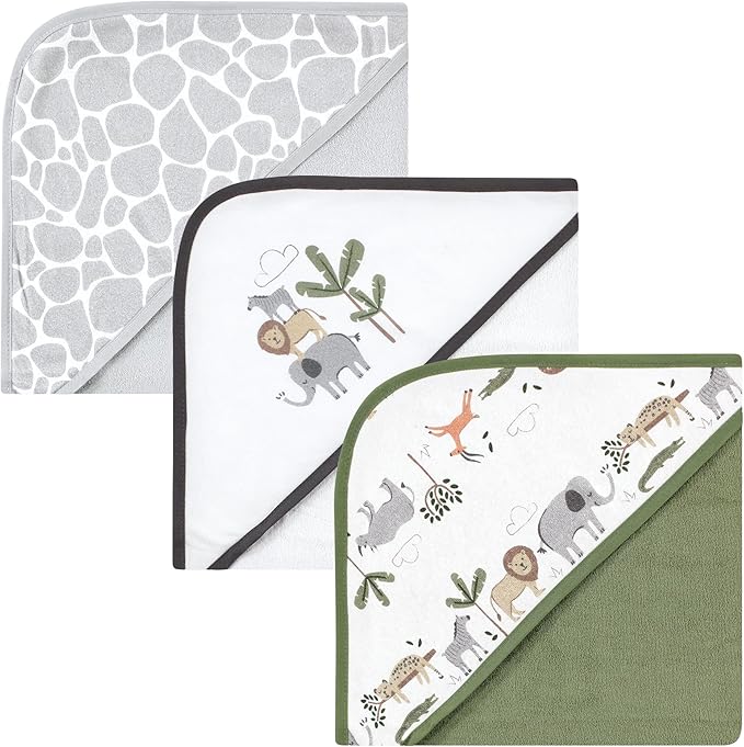 Hudson Baby Unisex Baby Cotton Rich Hooded Towels, Safari Life, One Size
