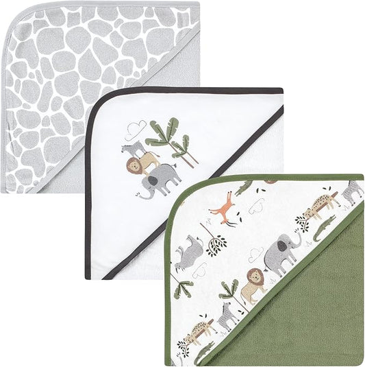 Hudson Baby Unisex Baby Cotton Rich Hooded Towels, Safari Life, One Size