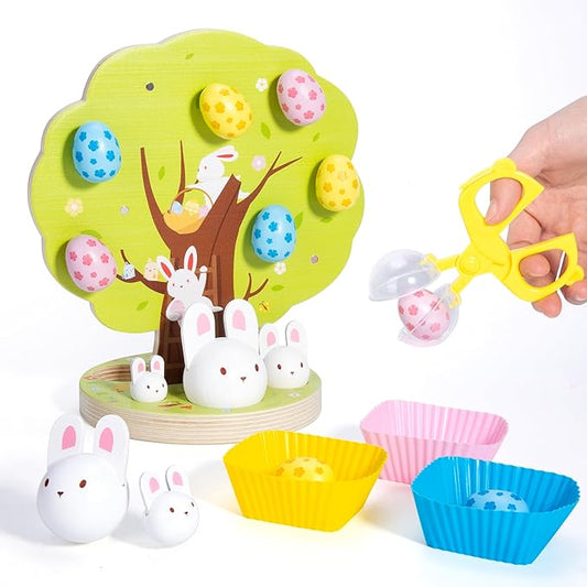 Woodtoe Easter Toys for Toddlers, Magnetic Easter Eggs, Picking Easter Bunny Toy, Montessori Toys for 3 4 5 6 Year Old, Wooden Sensory Color Sorting Toys, Spring Easter Basket Stuffers Gifts for Kids