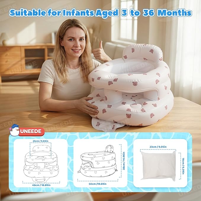 UNEEDE Inflatable Baby Seat for 3 Months & up, Infant Floor Baby Chair with Fence & Built in Air Pump, Lightweight Travel Baby Bath Seat for Home, Camping, Beach & Outdoor