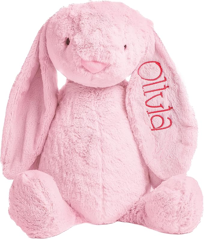 Personalized Super Soft Plush Bunny - Stuffed Animal Toy for Kids - Custom Gift with Embroidered Name on Ear for Easter, (Pink, Large)