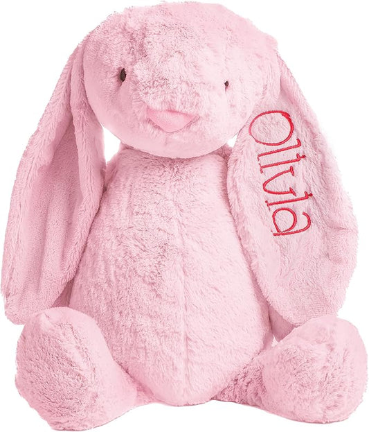 Personalized Super Soft Plush Bunny - Stuffed Animal Toy for Kids - Custom Gift with Embroidered Name on Ear for Easter, (Pink, Large)