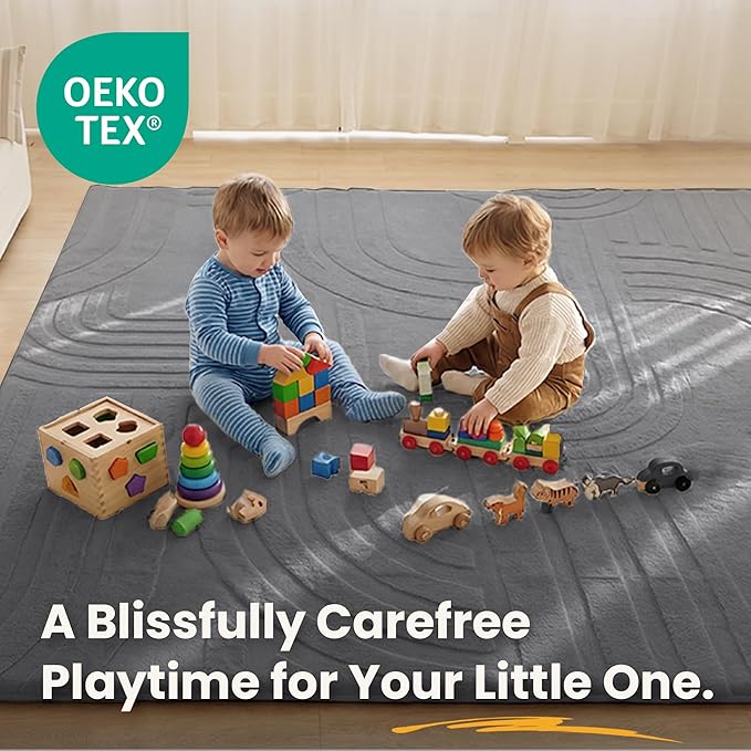 1.3" Thick Fluffy Baby Play Mat for Floor,Elasti Foam Padded Area Rug for Living Room Bedroom,Ultra Soft 3D Carved Kids Rug,Non-Slip Nursery Crawling Mat for Toddlers,4’x6’ Playroom Carpet(Charcoal)