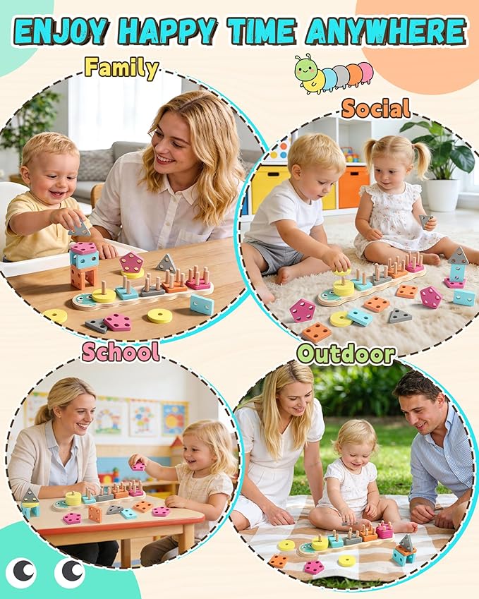 1 Year Old Boy Girl Gifts Montessori Toys for 1 2 Year Old Caterpillar Wooden Shape Sorter Stacking Toys for Toddlers 1-3 Educational Preschool Learning Toy Easter Basket Stuffers Birthday Gift
