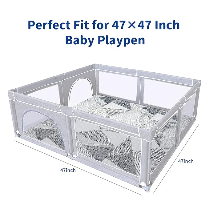 TANOSHII® Baby Play Mat for 47"x47" Playpen, Machine Washable, Kids Tents Mat Cotton,Foldable Crawling Mat for Floor,One-Piece Crawling Mat Non Slip Baby Mat for Floor,Portable Travel (Stripe)