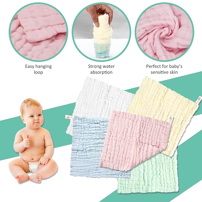 Soft Newborn Essentials - Muslin Washcloths & Towels for Sensitive Skin - 10 Pack, 10x10 Inches - Baby Register Shower Gift