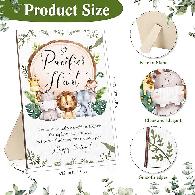 Roowest 51 Pcs Pacifier Hunt BabyShower Games Include Wooden Hunt Sign and 50 Acrylic Mini Plastic Pacifiers for BabyShower Game Decoration Gift Sets Gender Reveal Party