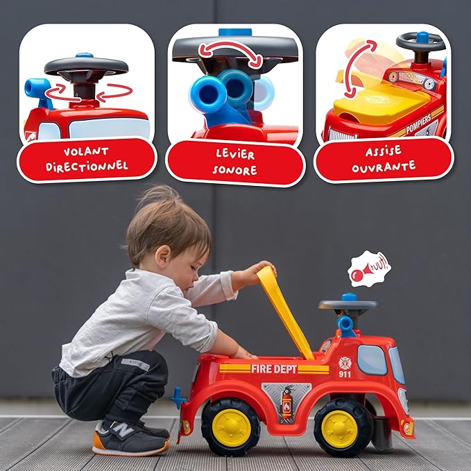 Falk Truck Vehicle with Opening seat and Steering Wheel with a Horn, Push Ride-On Toy for Toddlers 1-3 Years (Fire Truck)