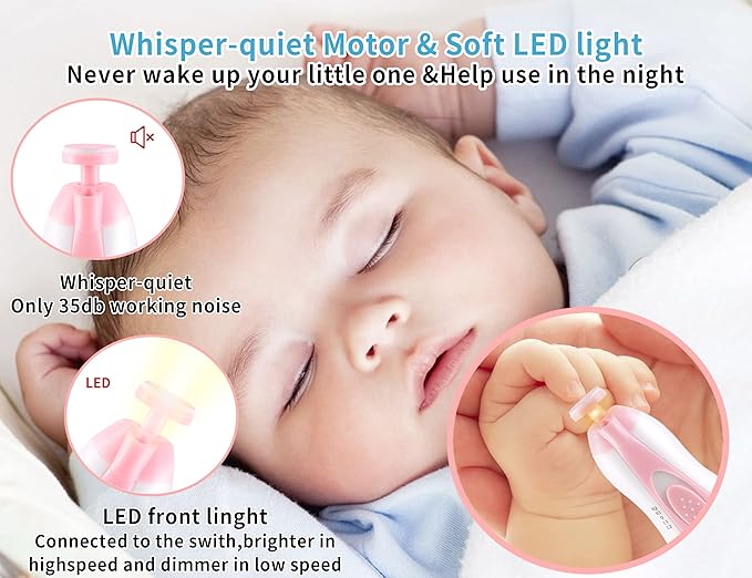 Electric Baby Nail Trimmer, Safe Gentle Nail File Grinder Kit with LED Light, Whisper Quiet, 6-in-1 Nail Care Set for Newborns Toddlers Kids & Adults, Adjustable Speed & Rotation, Portable Travel.Pink