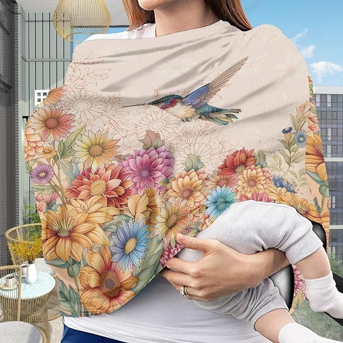 Forchrinse Hippie Hummingbird Floral Print Nursing Breastfeeding Cover,Baby Car Seat Canopy Infant Stroller Covers for Newborn Boys and Girls