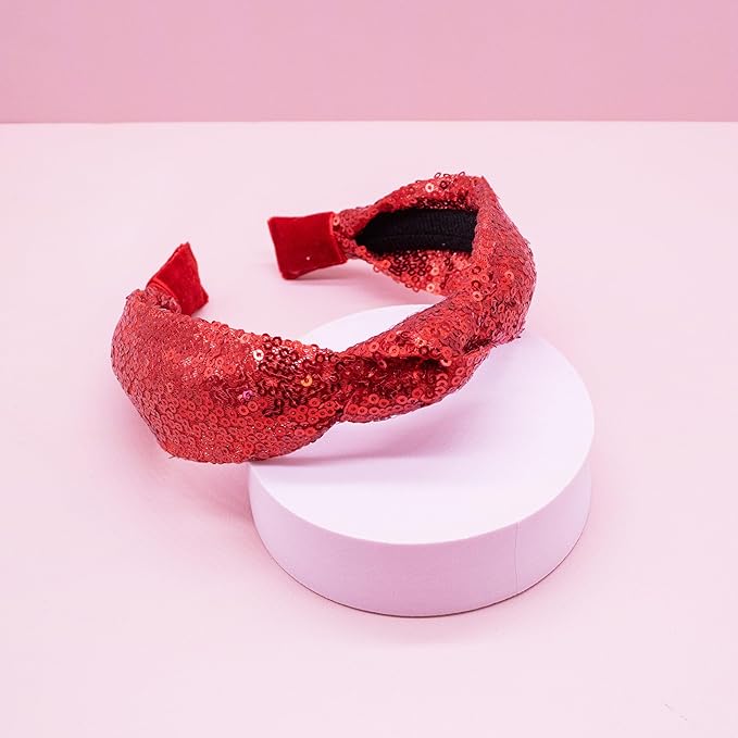 FROG SAC Knot Headband for Girls - Red Sequin Knotted Hair Bands Accessories for Kids, Sparkly Little Girl Headbands for Children, Holiday Christmas Valentines Sparkle Hairbands for Tweens