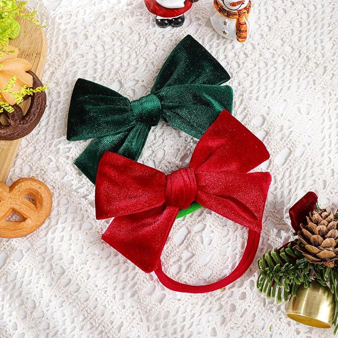 Christmas Baby Bows Handmade Velvet Headbands Tied Bow Elastic Nylon Hair Accessories for Baby Girls Newborn Infant 2 Pcs Christmas Gift Red Green