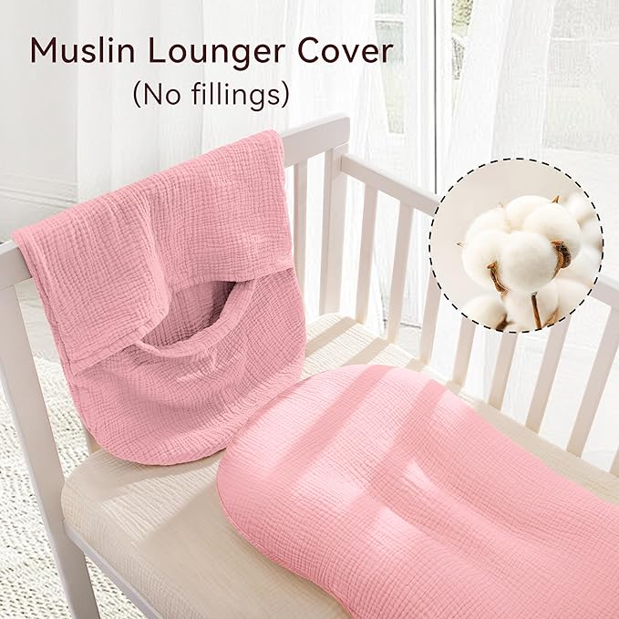 Muslin Baby Lounger Cover 1 Pack, Cotton Soft Breathable Infant Nest Slipcover, Envelope Closure, Compatible with Snuggle Me Loungers, Machine Washable, Cover Only, for Girls Boys(Pink)