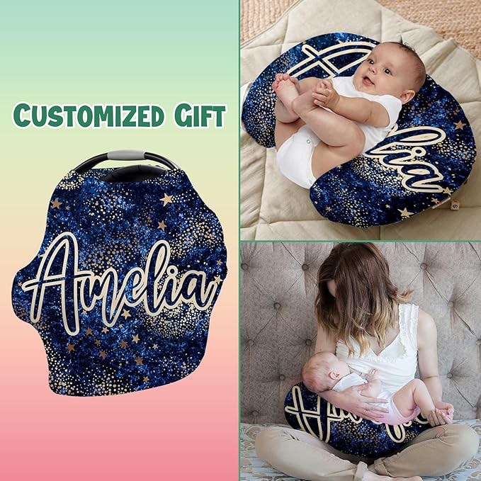 Custom Car Seat Covers for Babies - Breathable Baby Car Seat Cover for Girls Boys, Kick-Proof Newborn Carrier Dark Blue Print Canopy Stretchy Stroller Cover for 4 Seasons