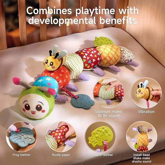 TUMAMA Baby Toys for 0 3 6 9 12 Months, Caterpillar Sensory Toy, Infant Baby Stuffed Animal Activity Soft Toys with Teether, Tummy Time Sensory Toys, Newborn Infant Sensory Toys Birthday Gifts