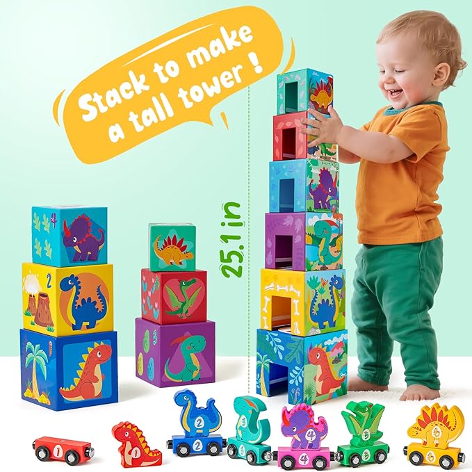 Toyssa Wooden Dinosaur Sorting and Stacking Toys for Toddler 1-3, Number Blocks Nesting Boxes with Magnetic Animals Train Set, Preschool Learning Montessori Toys for 1 2 3 Year Old Boys Girls Gift