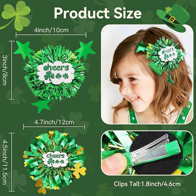 CN St.Patrick’s Day Hair Bows for Girls Green Lucky Shamrock Hair Clips Grosgrain Ribbon with Alligator Clips Clover Hair Accessories for Kids Toddler Teens on St.Patrick day Spring Birthday