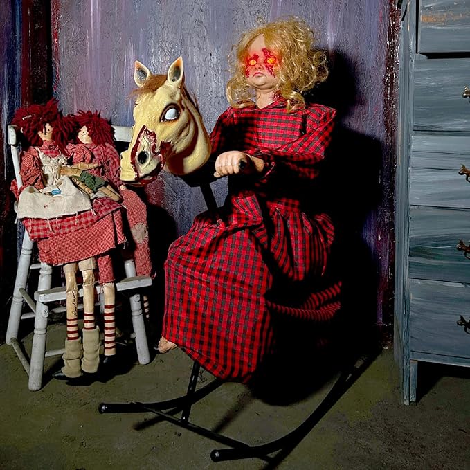 Haunted Hill Farm 3.2-Ft Animatronic Rocking Horse Girl, Halloween Animatronic, Creepy Gothic Horror Movie Décor, Scary Macabre Party Decoration with Voice & Sound-Activated Lights & Sound, Life-Size