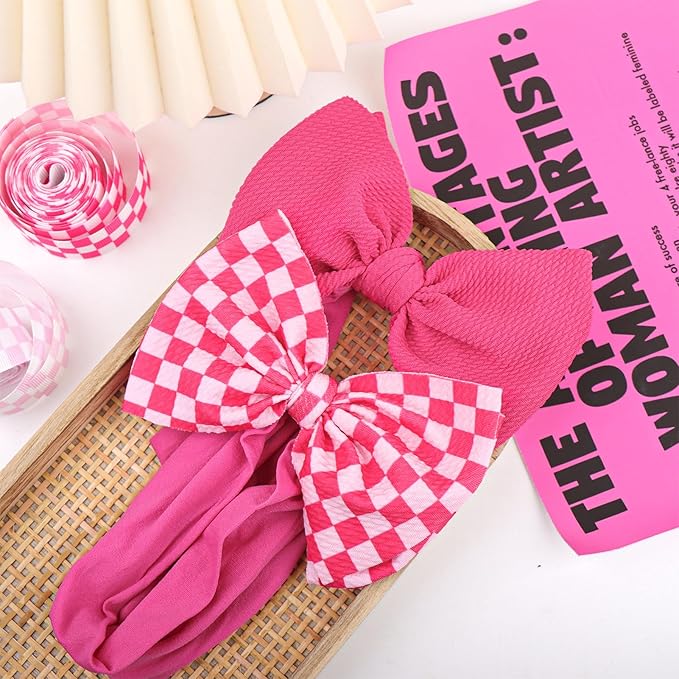 YanJie 2PCS 6’’ Hot Pink Bows for Baby Girls Checkered Headband Pink Bow Infants Toddler Hair Accessories Newborn Headbands Hair Bow Baby Clothes