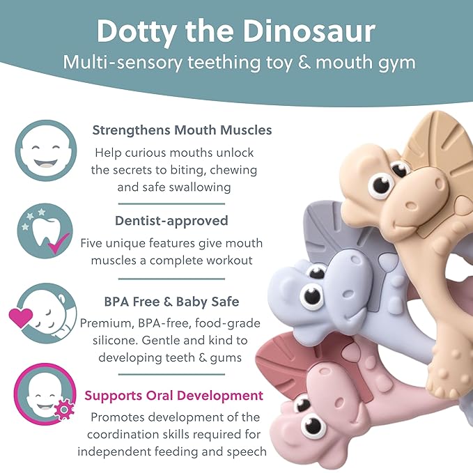 Bibado - Dotty the Dinosaur Teething Toys, Fawn - Multi-Sensory Teether - BPA Free Baby Toy - Strengthen Mouth Muscles & Learn Feeding - Dentist Approved - Baby Essentials & Baby Toys - 3 Months+
