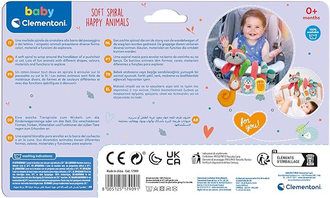Clementoni - Spiral Baby Stroller, Soft Spiral Happy Animals, Baby for You, 17909 Soft Toy