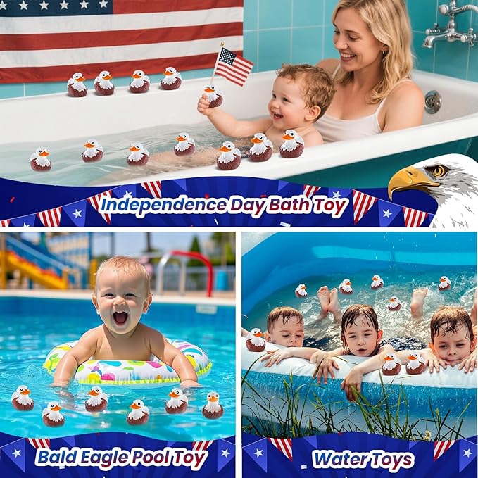 12 PCS Bald Eagle Rubber Ducks, Patriotic Bald Eagle Ducks for Jeeps, Ducks for Cruising Ships Hiding Carnival Ducking Bath Toys, Animal Ducks Collection, Baby Shower Easter Basket Stuffers for Kids