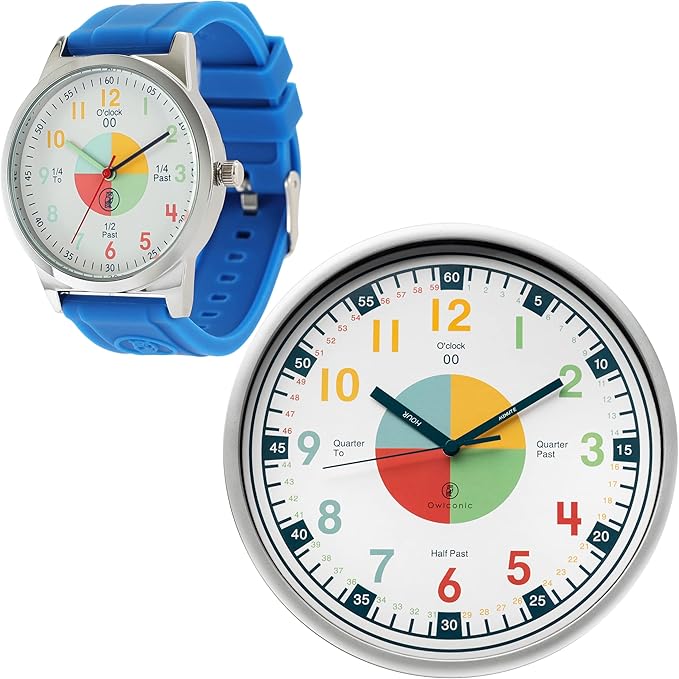 OWLCONIC Telling Time Teaching Clock - Bundled with Kids Watch. Learn to Tell Time Resources. Blue