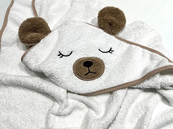Organic Baby Hooded Bath Towel 30x30 Inch – 100% Organic Cotton, 380 GSM Soft & Absorbent Newborn Towel with Embroidered Hood, (Bear)