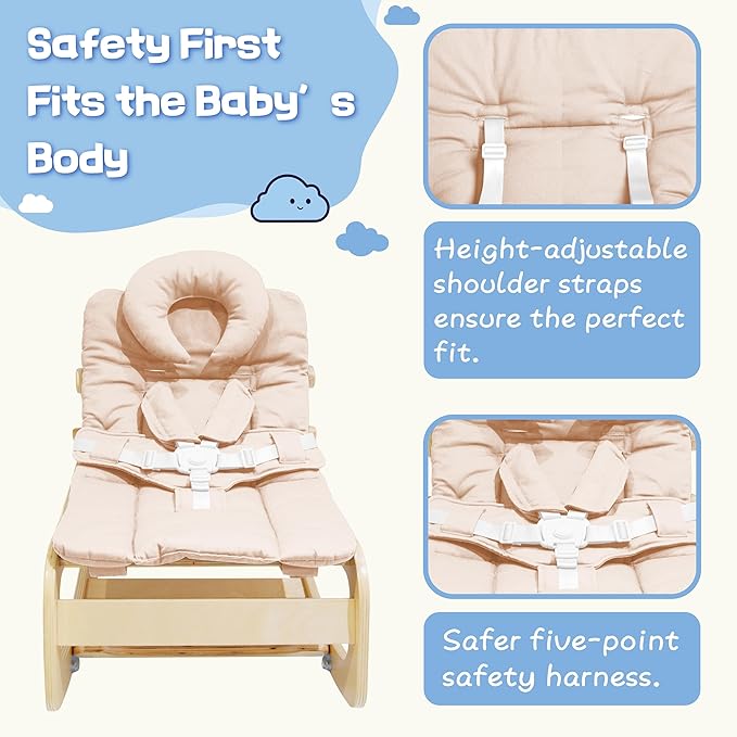 Baby Bouncer,Adjustable Baby Rocker, 3-in-1 Wooden Rocker Chair with 5-Point Harness, Recliner Seat for Infant to Toddlers,Beige