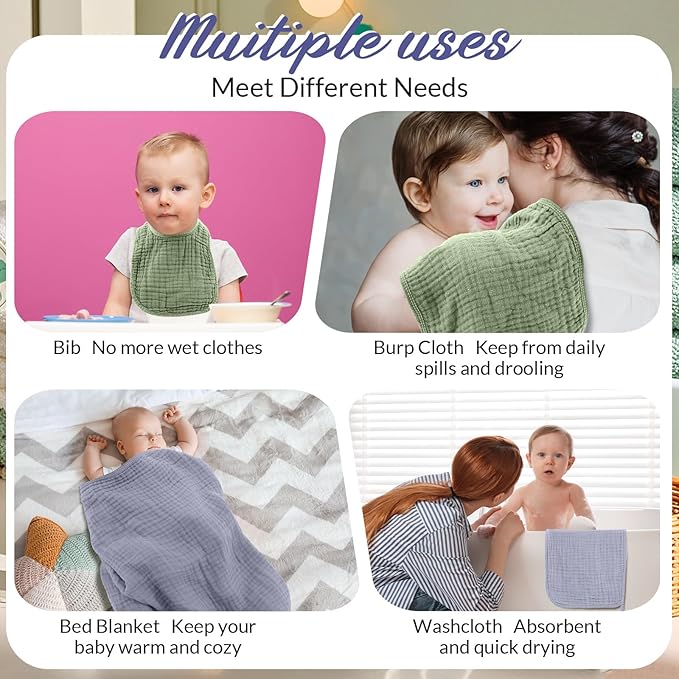 Hahafelt 6 Pcs Muslin Hooded Bath Towels Washcloths and Bibs Set, Muslin Cotton Baby Towels Absorbent Hooded Blanket Towel Infant Bibs for Boys Girls Newborn Infant Essential(Light Blue, Light Green)