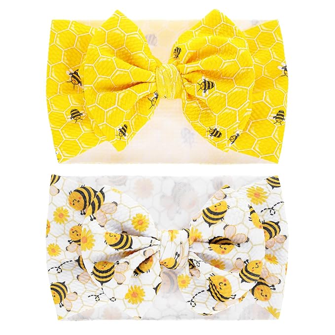 2Pcs Bee Baby Headband Yellow Hair Bows for Girls Large Spring Summer Flower Headband Toddler Girls Nylon Hair Accessories Big Bows Hairband