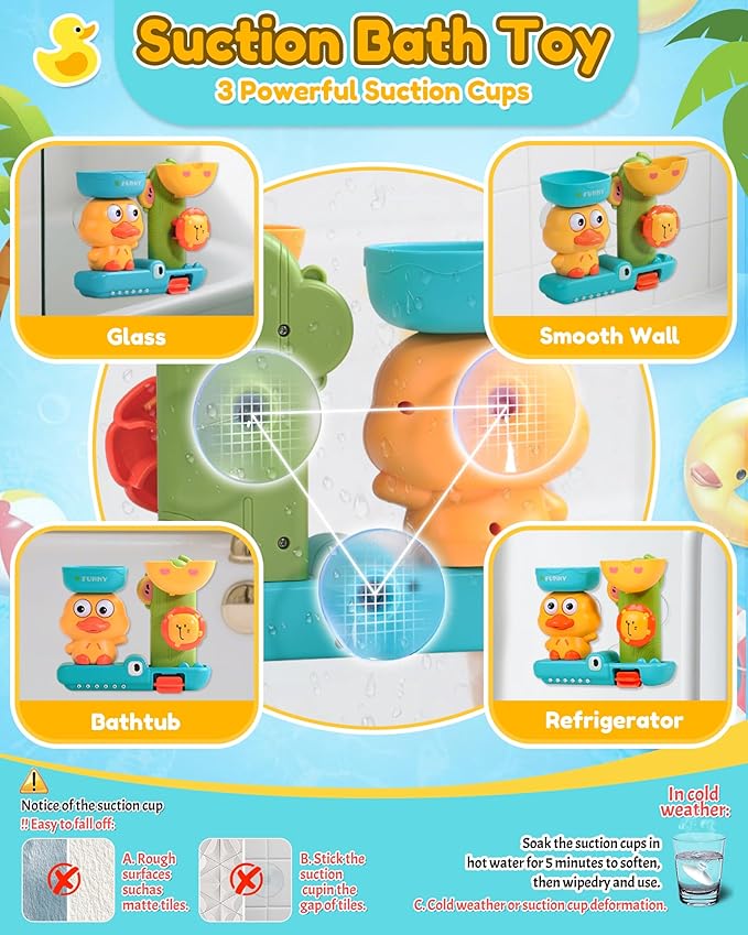 Baby Bath Toys for Kids Ages 1-3 2-4 Toddler Bathtub Water Toys with 3 Strong Suction Cups Battery-Free Duck Waterfall Sensory Shower Toys with Stacking Cups for 18+ Months Boys Girls Birthday Gifts