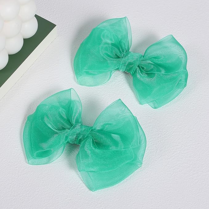 Green Hair Bow Clips 4 inch Mesh Ribbon Tulle Hairbow Barrettes Cute Handmade Christmas Party Dress outfit Decoration Accessories Easter Gift for School Kids Teens Toddler Girls Women
