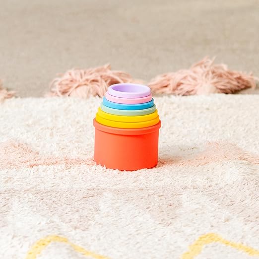 tickit Silisoft Round Colorful Stacking Cups, 7 Soft Silicone Stacking, Nesting & Sensory Play Cups for Baby’s Fine Motor Skills and Early Learning, Rainbow