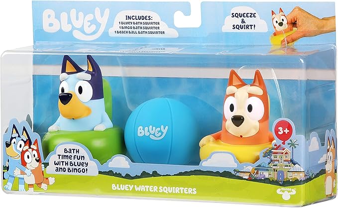 Bluey Bath Squirter Toys Pack of 3, Lightweight Floating Water Toy Set with Bingo and Beach Ball, Squeezable Bath Toys for Toddlers and Kids, Ages 3+