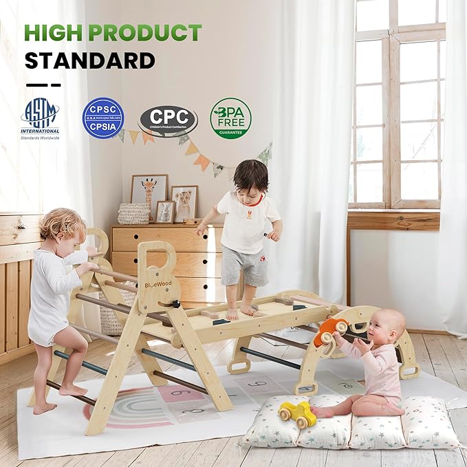 BlueWood Pikler Triangle Set with Cushion - Climbing Toys for Toddlers 9-in-1, Montessori Philosophy Play Jungle Gym with Arch, Ramp, Ladder (Pink)