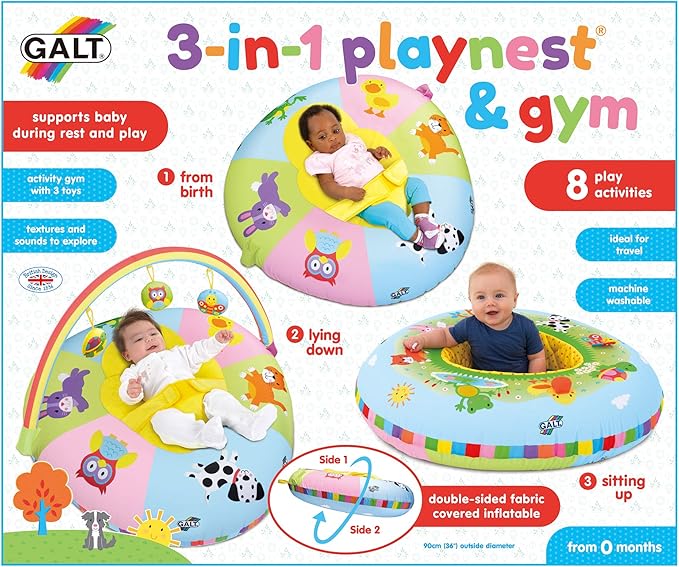 Galt Toys, 3 in 1 Playnest & Gym, Baby Activity Center & Floor Seat, Ages 0+, Multicolor, Model:1004819