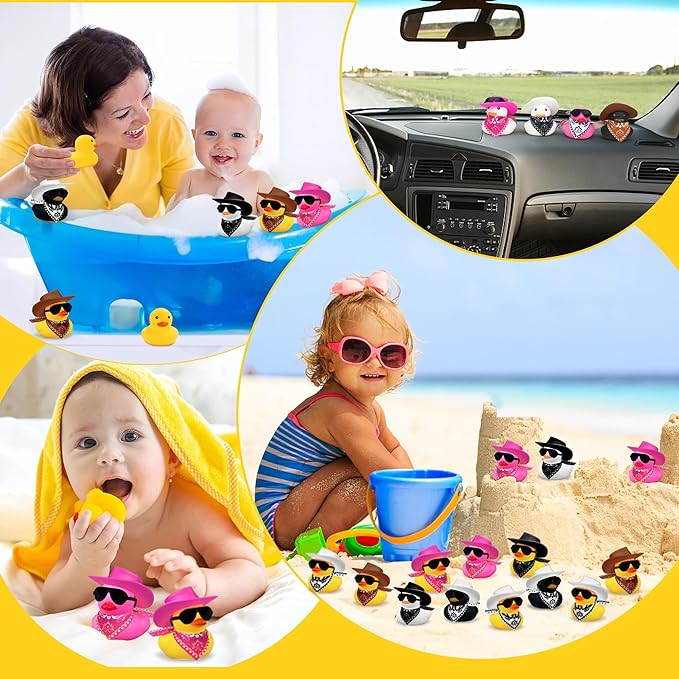 12 PCS Cowboy Duck with Scarf Hat and Sunglasses Mini Bath Duck Toys for Birthday Swimming Party Gift Favor Decorations
