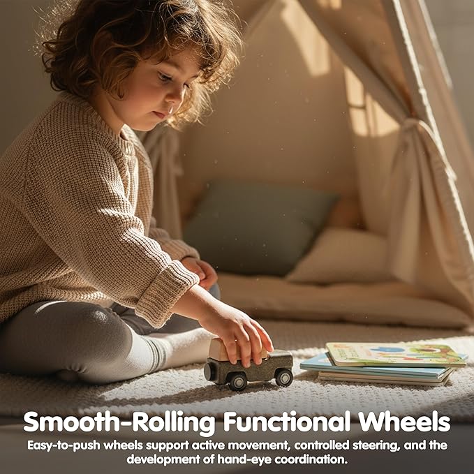 PlanToys® Grey Wagon Wooden Montessori Pull Along Toy | Early Movement, Balance and Practical Life Exploration | Eco Friendly Wagon for Indoor and Outdoor Play