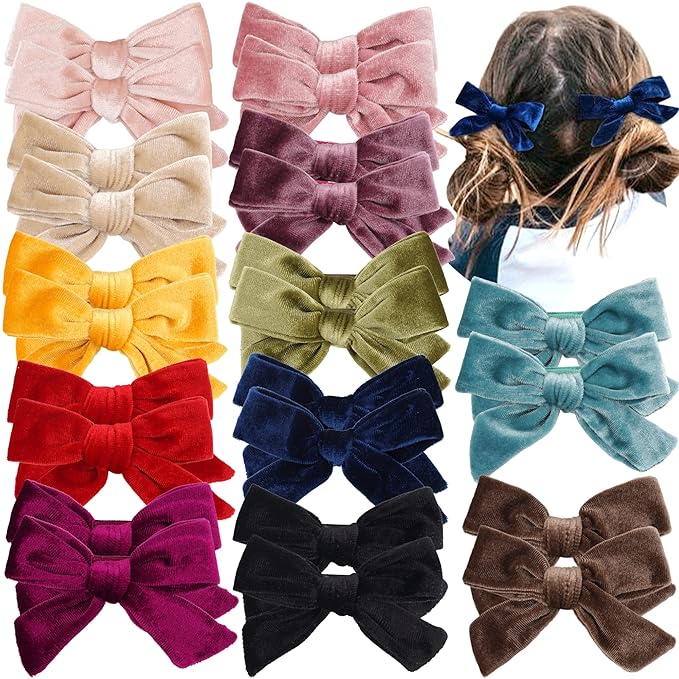 Yxiang 24PCS Velvet Hair Clips and Barrettes for Baby Girls, 4 inches Hair Bows Fully Lined Non Slip Barrettes Christmas Hair Accessories for Toddler Kid Little Girl (12 Pairs)