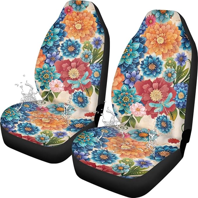 Hippie Floral Automobile Seat Cover, Universal Seat Covers for Front Seat Waterproof Elastic Polyester Car Seat Protector Covers Suitable for Cars, SUV and Trucks